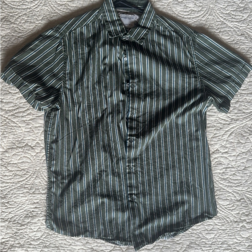 Denim & Flower Green Striped Casual Button Down Shirt